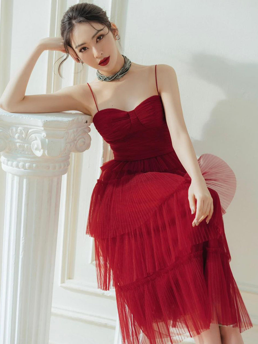 Suspender Spread Chest Temperament Dark Red Flowing Small Dress Long Skirt