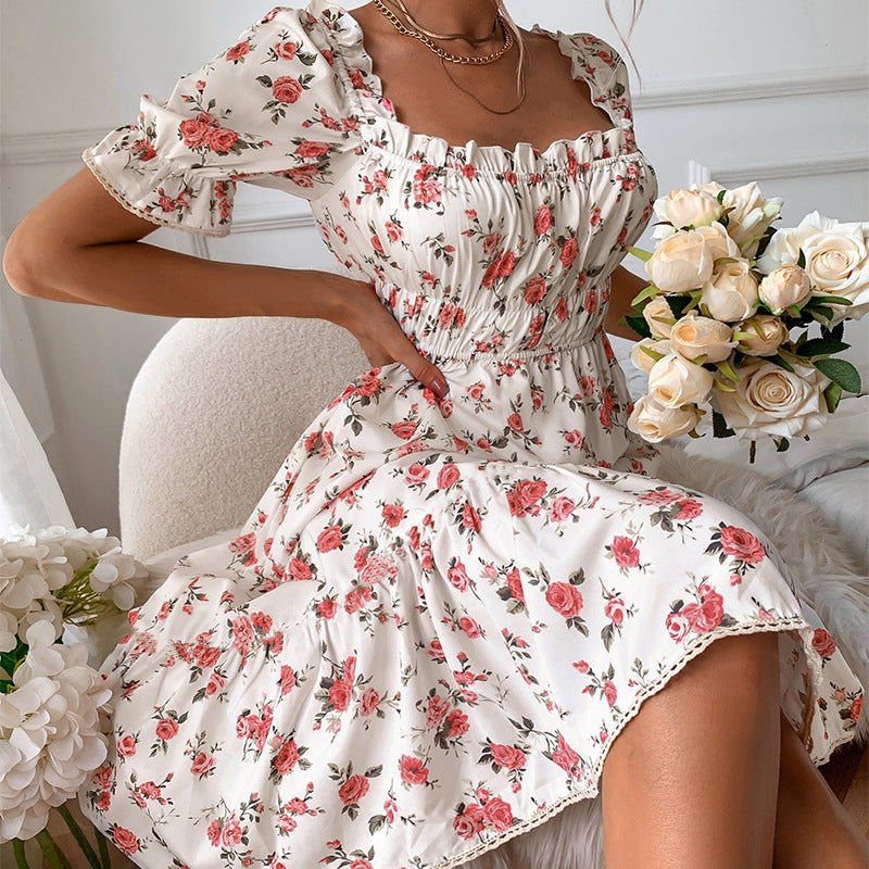 Ladies Vintage Floral Puff Sleeve Dress