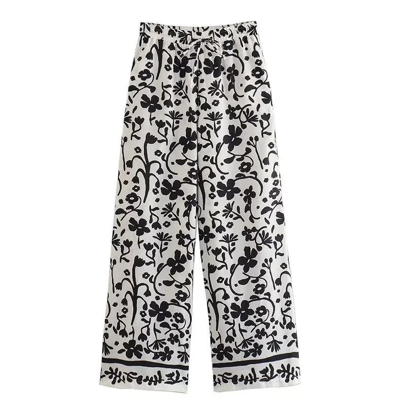 Printed Linen Shirt Wide Leg Pants Suit