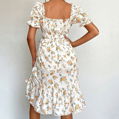 Ladies Vintage Floral Puff Sleeve Dress