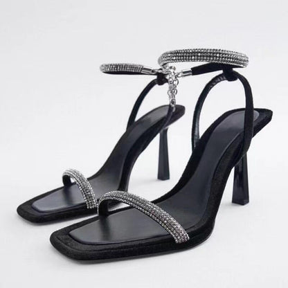 Square Toe Rhinestone Stiletto Sandals Women