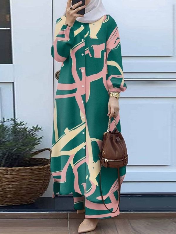 Muslim Suit Two-piece Spring And Autumn Clothing Retro Long Shirt Wide Leg Pants Suit