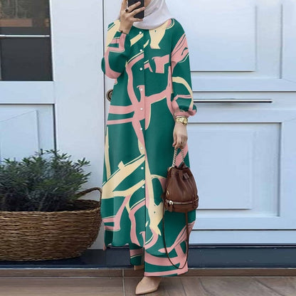 Muslim Suit Two-piece Spring And Autumn Clothing Retro Long Shirt Wide Leg Pants Suit