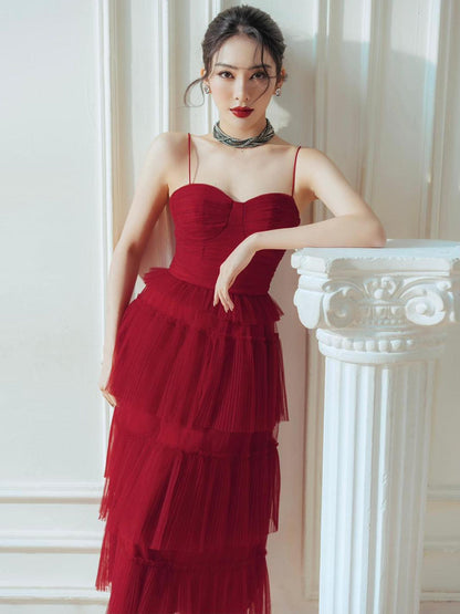 Suspender Spread Chest Temperament Dark Red Flowing Small Dress Long Skirt